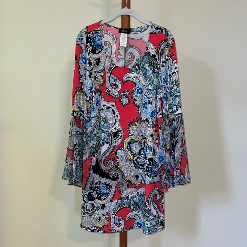 MSK Red and White Sheath Dress with Long Bell Sleeves